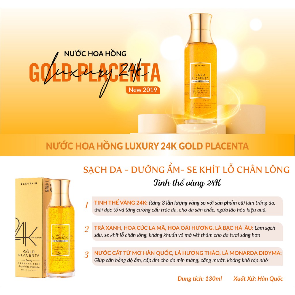 Nước Hoa Hồng BEAUSKIN Placenta Gold Luxury 24k Cung Cấp Dưỡng Ẩm, Se Khít Lỗ Chân Lông Dung Tích 130ml