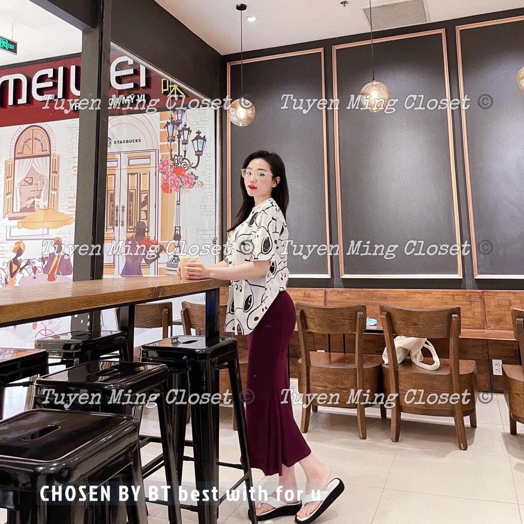 Set áo phông chú chó chân váy midi đỏ xòe đuôi cá TH185
