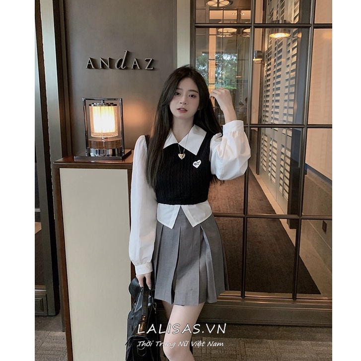 Áo Sơ Mi Thắt Nơ Phối Màu Đen Trắng Phong Cách Hàn Quốc Thời Trang