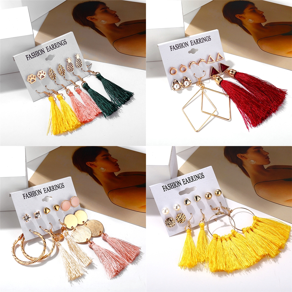 Bộ khuyên tai SMILEDAY hợp kim dáng dài phối tua rua phong cách Hàn Quốc cá tính thời trang