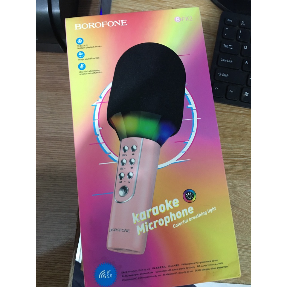 Mic Hát Karaoke Bluetooth Không Dây Borofone BFK2 Âm Thanh Chuẩn Loa To, Pin Khủng Dùng 6-8 tiếng, Bass Ấm