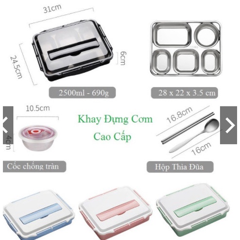 Khay cơm,khay đựng cơm văn phòng 5 ngăn inox cao cấp xịn sò ,tặng kèm muỗng đũa nắp đậy