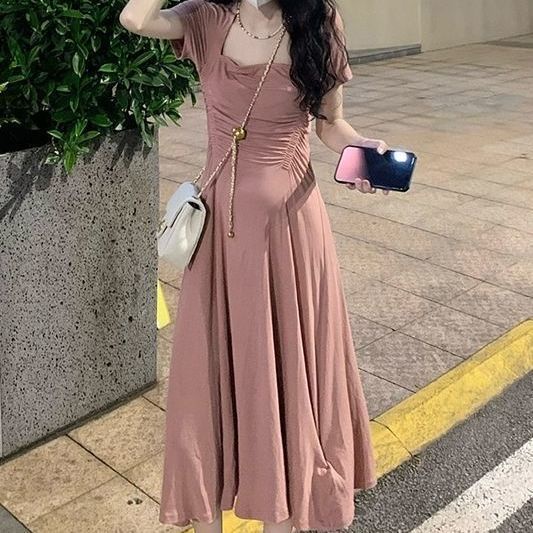 COZOKC Đầm Tay Ngắn Cổ Vuông Xếp Ly Chiết Eo Thời Trang Trẻ Trung