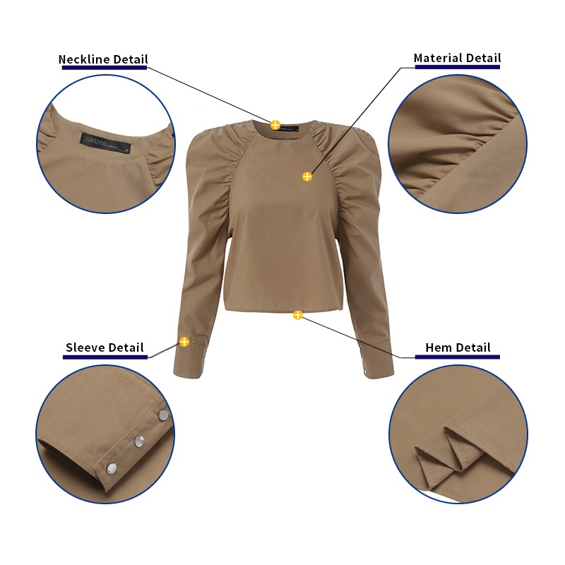 Áo kiểu Zanzea tay phồng dài cổ tròn màu trơn thời trang dành cho nữ