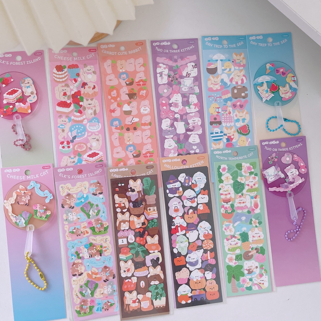 Zanmo tờ nhãn dán sticker động vật mèo thỏ gấu cún kim tuyến lấp lánh decor toploader