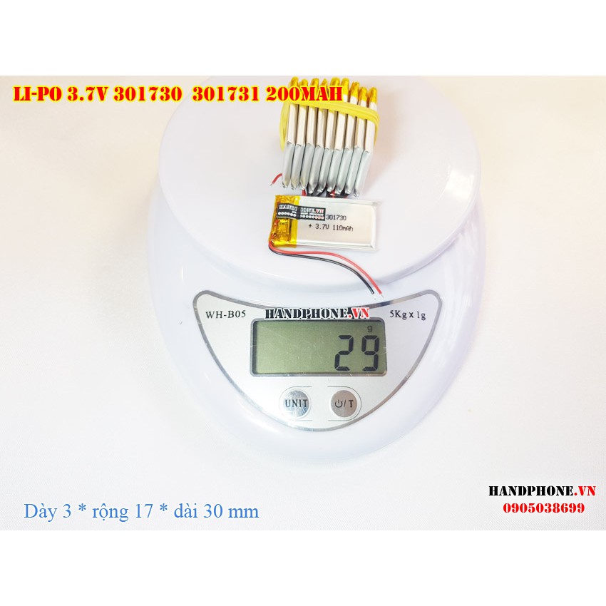 Pin Li-Po 3.7V 110mAh 301730 301731 (Lithium Polymer) cho tai nghe Bluetooth, loa Bluetooth, định vị GPS, máy nghe nhạc