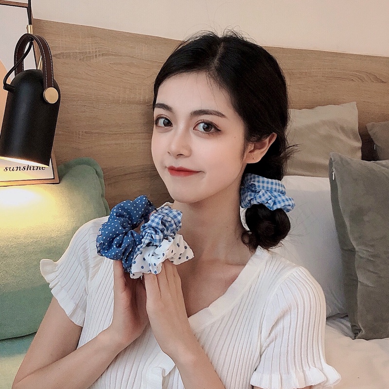 Cột tóc vải scrunchies xanh thiên thanh dây buộc tóc scrunchies nhiều mẫu