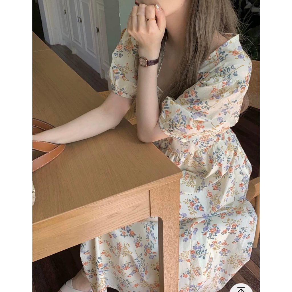 Đầm Váy Thô Hoa Cổ V Thắt Dây Eo Ulzzang