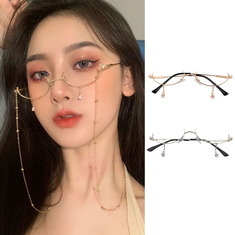 Youyo Mắt Kính Không Gọng Hình Giọt Nước Nửa Gọng Phối Dây Xích Thời Trang Hàng Ngày