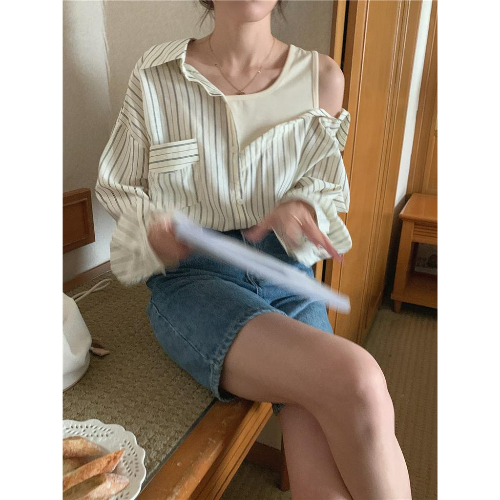 Áo Sơ Mi Kẻ Sọc Dài Tay Phối Lớp Ngoài Phong Cách Hàn Quốc 54450