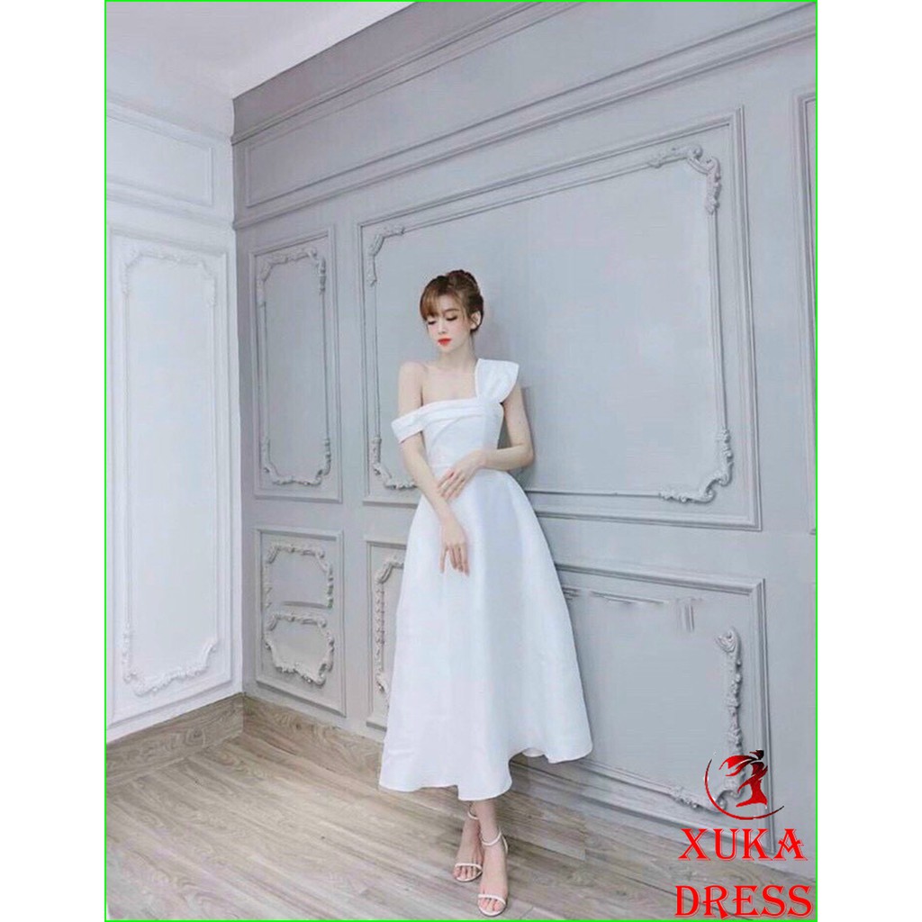 Đầm dự tiệc công chúa tiểu thư dáng dài maxi trắng xoè lệch vai thiết kế đẹp theo phong cách cá tính