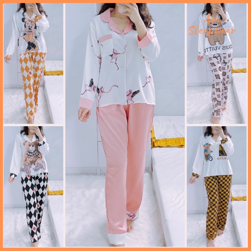 Bộ Pyjama Dài Tay Thiết Kế Lụa Mango Sam Luxury Hoạ Tiết Hoạt Hình - Awi Pyjama