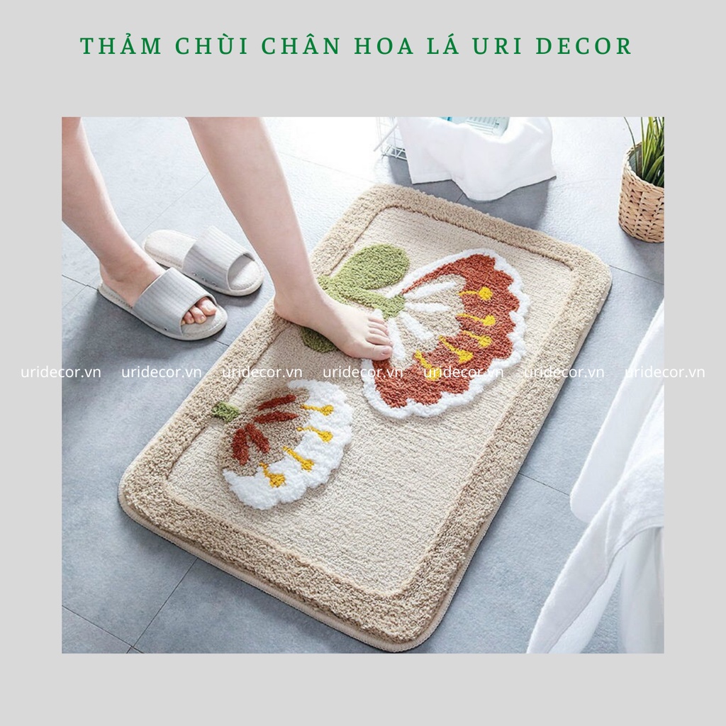 Thảm chùi chân, thảm lau chân nhà tắm in 3D họa tiết hoa lá mặt lông siêu thấm nước chống trơn trượt cao cấp URI DECOR