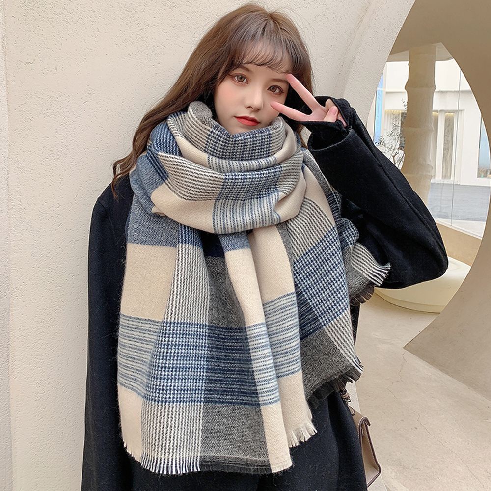 Khăn choàng cổ dài kẻ sọc caro chất liệu cashmere mềm mại thời trang thu đông phong cách Hàn Quốc cho nữ