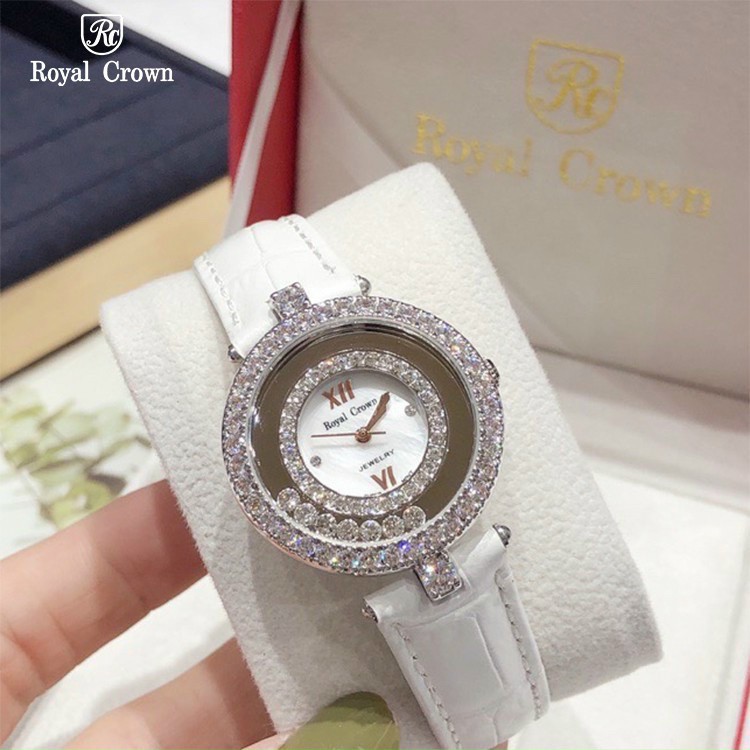 Đồng hồ đeo tay nữ, đồng hồ nữ dây da ROYAL CROWN mặt tròn đính kim cương nhân tạo cao cấp, siêu sang, giá cực rẻ
