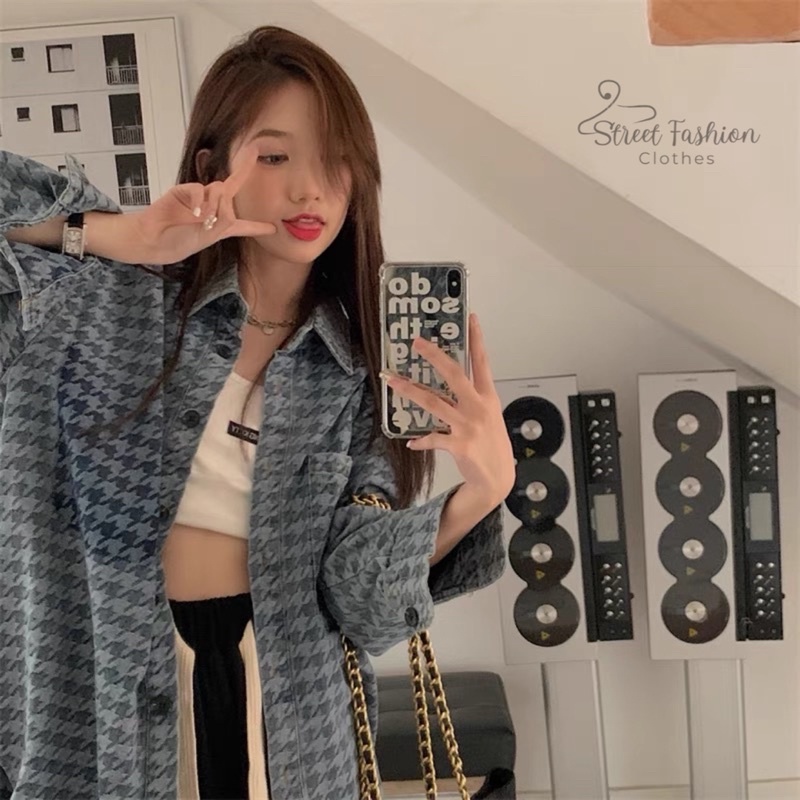 Áo khoác sơmi nữ dài tay form rộng hoạ tiết thời trang