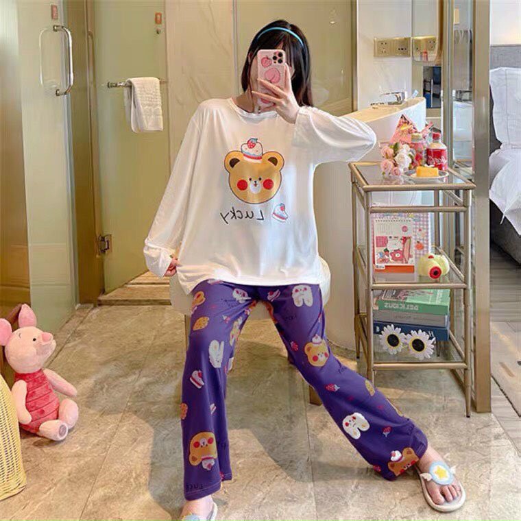 Đồ bộ nữ in hình bé gấu cute áo dài + quần dài chất liệu THUN LẠNH 3D dưới 55kg kiểu dáng xinh xắn đáng yêu-Mã056