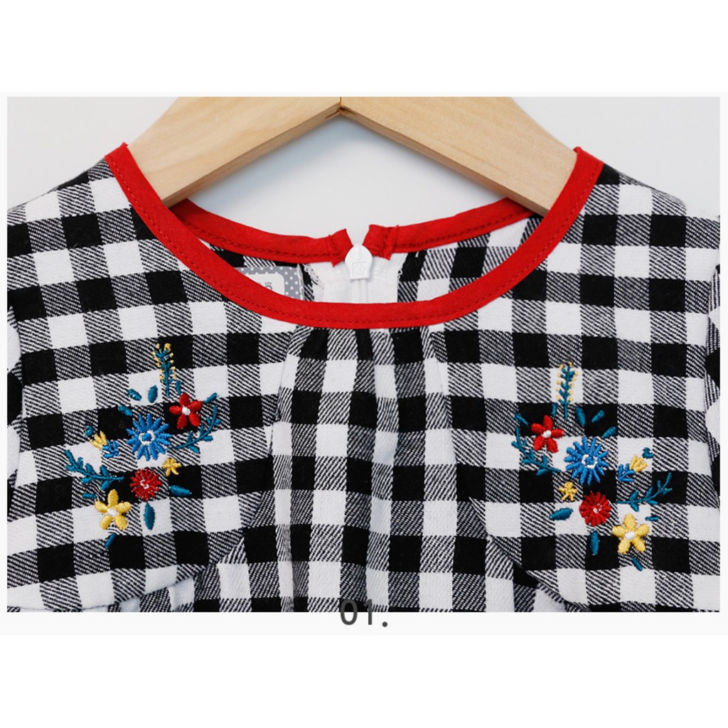 Váy bé gái Hàn Quốc Bebezoo dài tay _ Caro thêu hoa