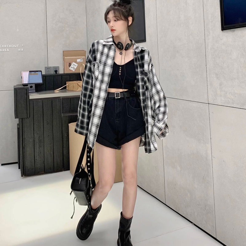 SUXI Áo Khoác Sơ Mi Chống Nắng Dáng Rộng Kẻ Sọc Ca Rô Trắng Đen Kiểu Retro Thời Trang Mùa Thu Cho Nữ