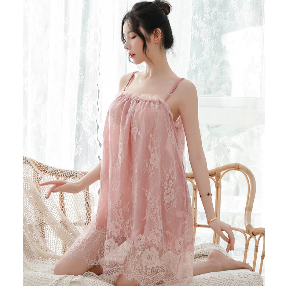 Váy ngủ thời trang MIDORI Đầm ngủ phối ren mặc nhà chất liệu ren voan chống nhăn cổ chữ U cao cấp Freesize KL02 | BigBuy360 - bigbuy360.vn