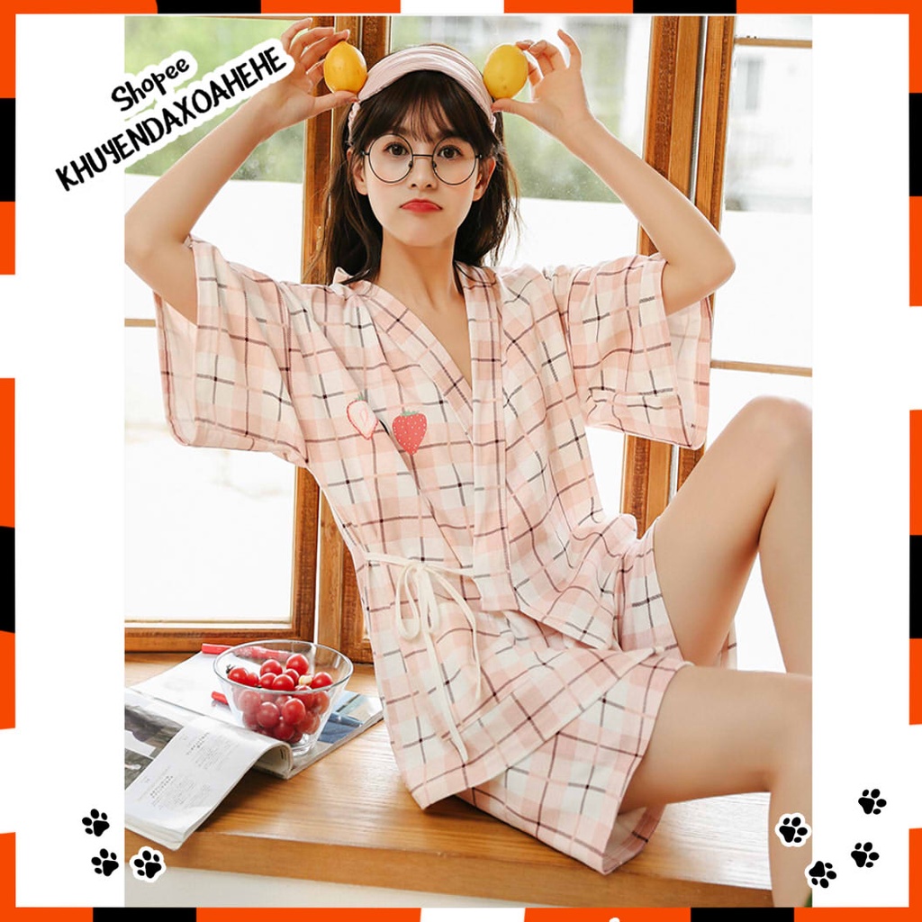 SUSQ2 Bộ Pijama kiểu Nhật yukata lụa cộc tay buộc dây Đồ Ngủ Kimono nữ mặc nhà thắt eo quần lửng ngắn