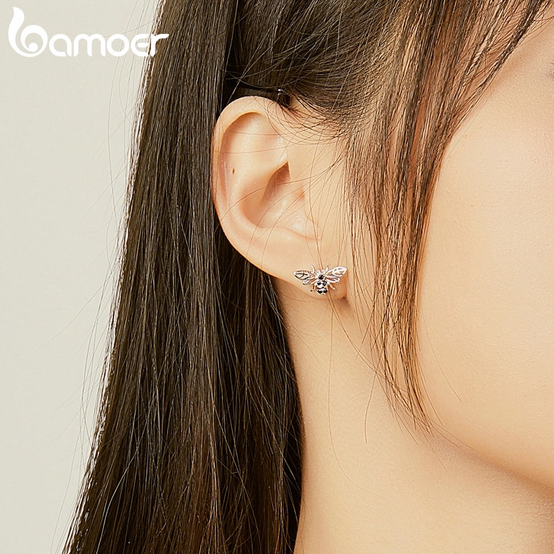 Khuyên Tai Bamoer Sce846 Hình Chú Ong Chất Liệu Bạc 925 Phong Cách Punk Cá Tính