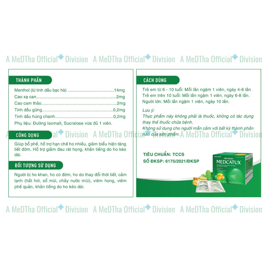 Medcatux, Giảm ho, đau rát họng , khàn tiếng, hộp 20 viên