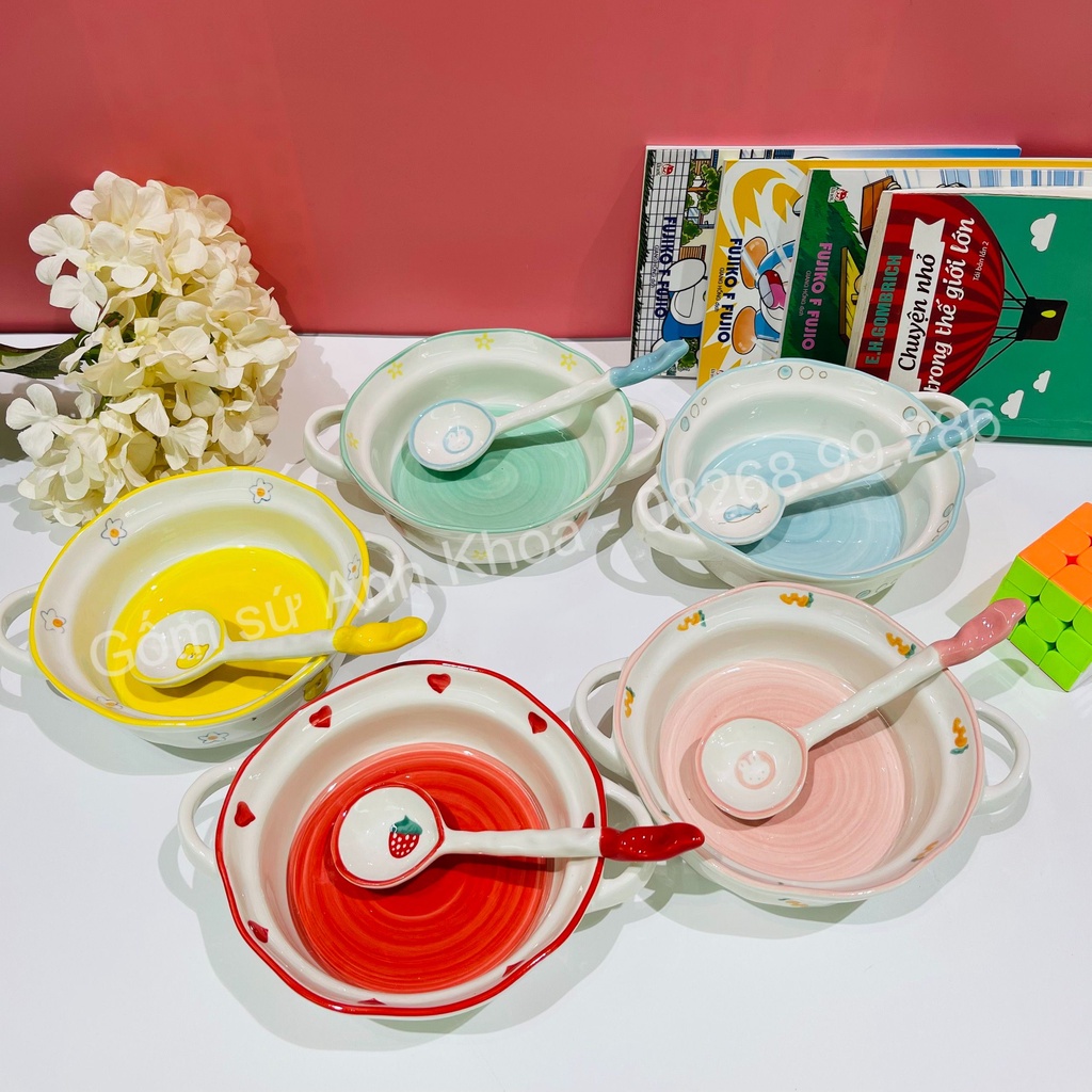 Bát Đĩa Decor, Chén Dĩa dễ thương, Bát ăn cơm Bát tô có 2 tai thủng xinh yêu cute