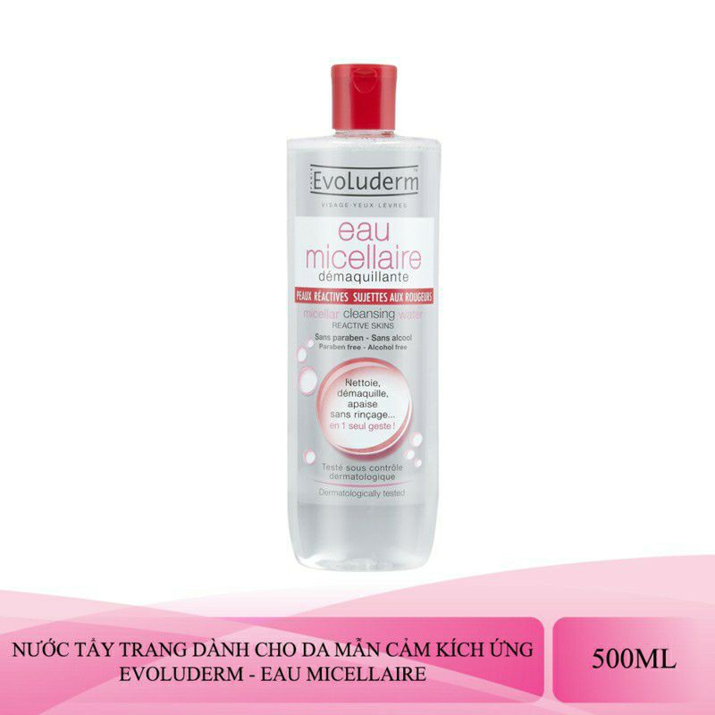 Nước tẩy trang làm sạch sâu chính hãng Evoluderm Eau Micellaire 500ml Chai màu Đỏ