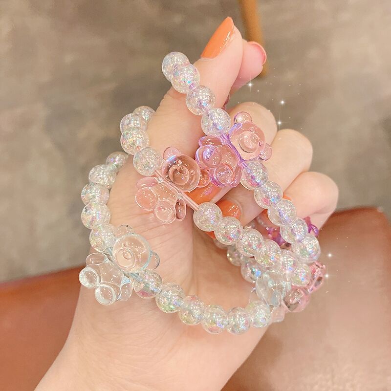 Dây buộc tóc đính hạt nhựa resin hình gấu hoạt hình phong cách Hàn Quốc dễ thương