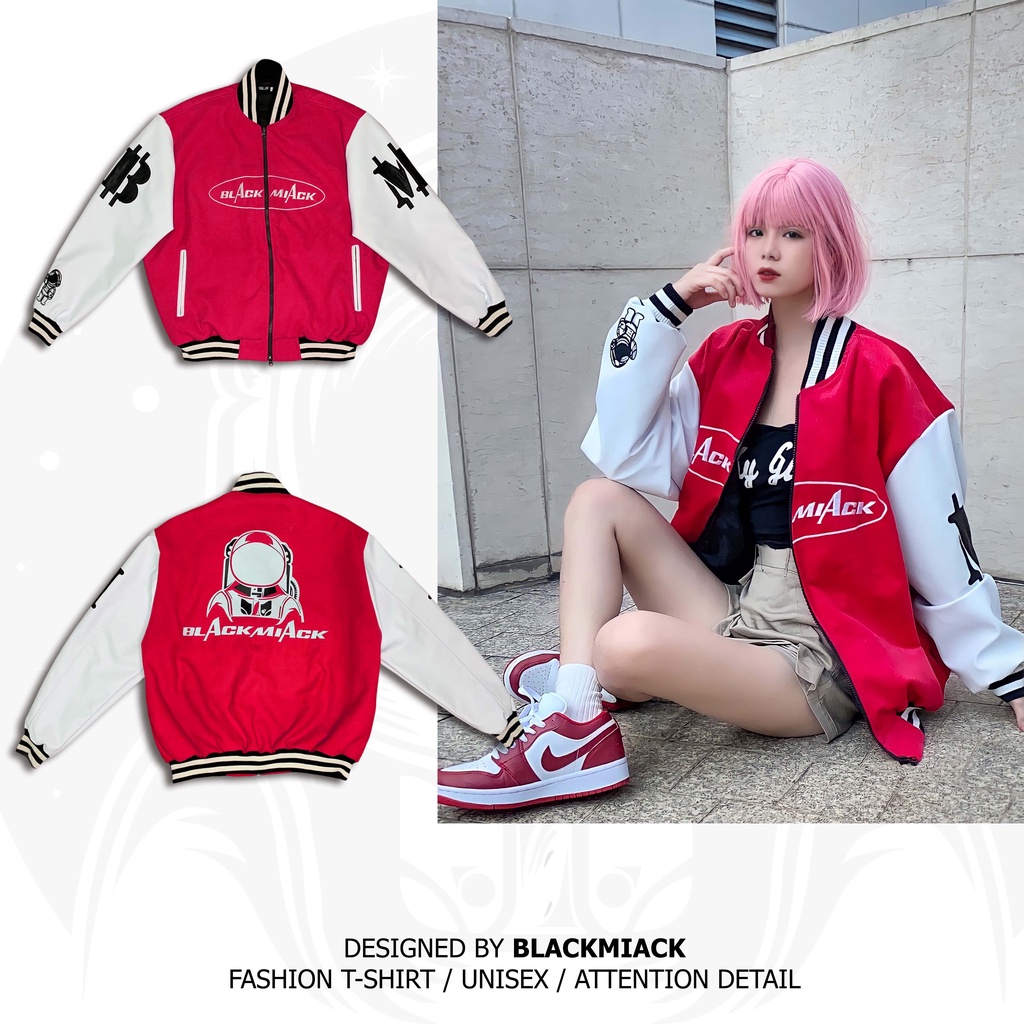 Áo Khoác Bomber Varsity Nỉ Dạ, tay Da, Full Thêu BLACKMIACK Varsity Jacket BM1