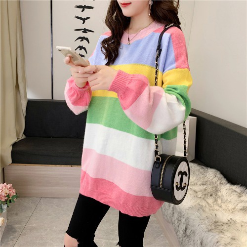Đầm Len Midi Dài Tay Họa Tiết Cầu Vồng Thời Trang Dành Cho Nữ