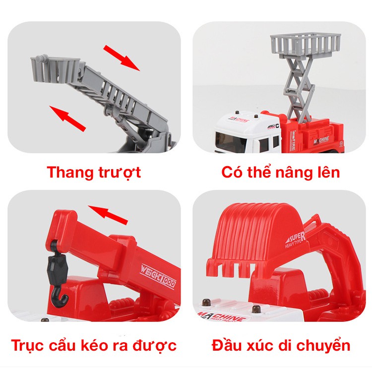 Bộ đồ chơi xe cứu hỏa cho bé gồm 4 chiếc với các chi tiết chuyển động tăng trí tưởng tượng, phát huy trí tuệ