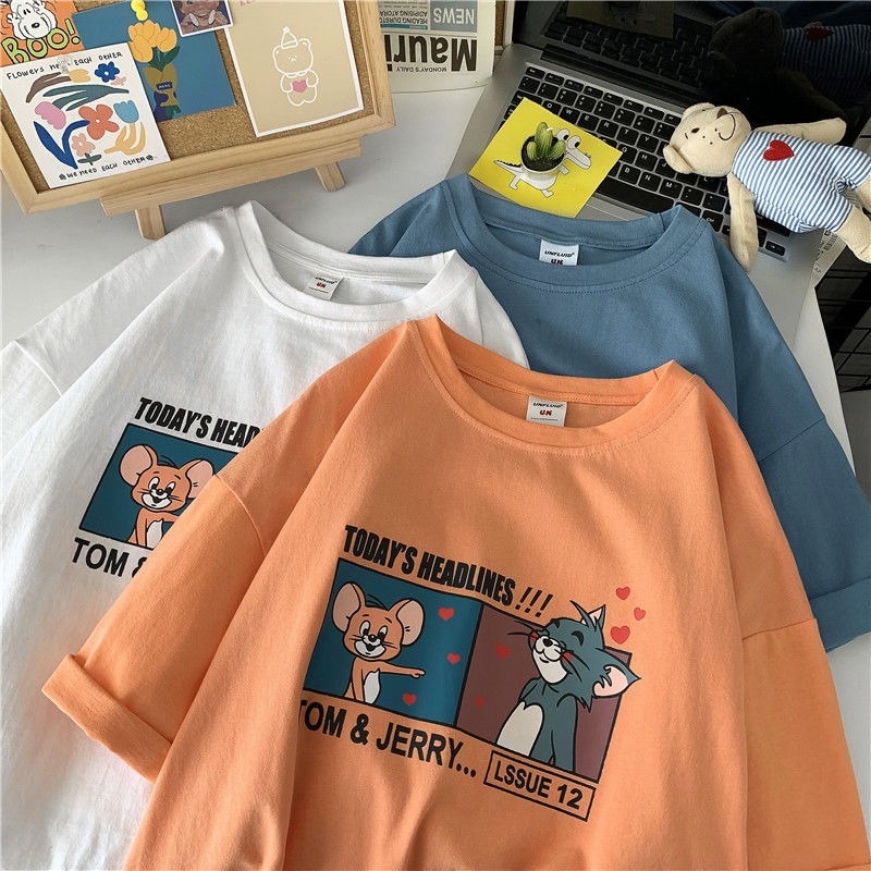 Áo Thun Ngắn Tay Dáng Rộng In Hoạt Hình Phong Cách Hàn Quốc Trẻ Trung Cho Nam Nữ