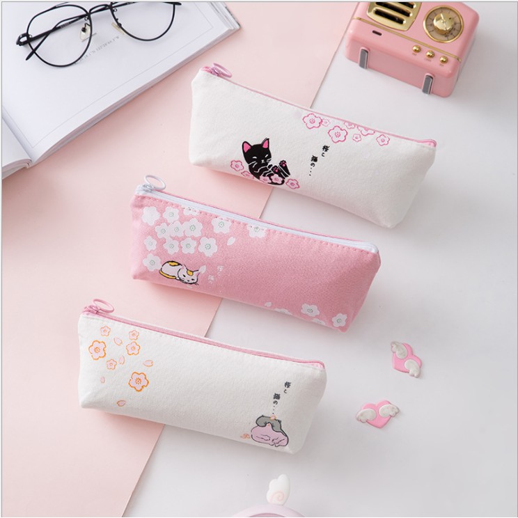 Hộp bút vải canvas cỡ lớn họa tiết mèo cute ,xinh xắn có khóa kéo, kiểu dáng Hàn Quốc cho học sinh ,sinh viên