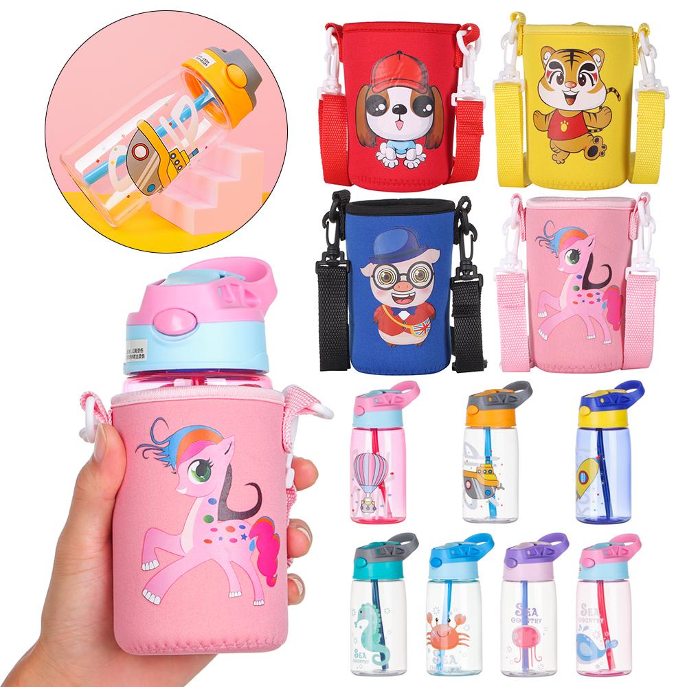 Bình Uống Nước Không BPA Trong Suốt In Hoạt Hình Kèm Ống Hút Tiện Dụng Cho Bé