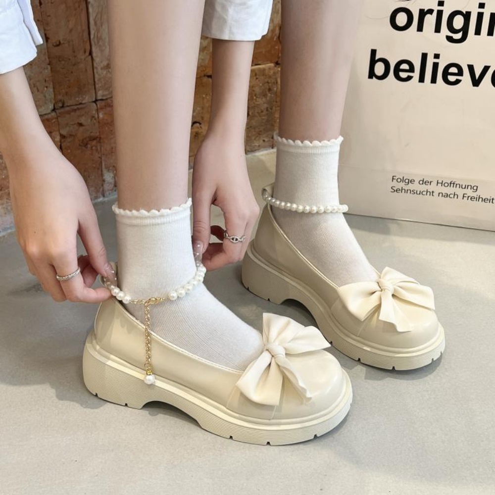 Giày MWC 2273 - Giày Lolita Nữ Quai Ngọc Mũi Đính Nơ, Giày Búp Bê Đế Cao Phong Cách Hàn Quốc