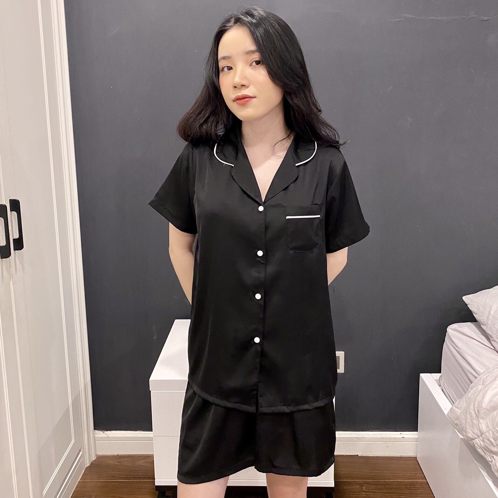 Pyjama lụa trơn - Chất Latin trơn màu đen Cao cấp Chất đẹp Đường may chuẩn, Bộ cộc quần ngắn