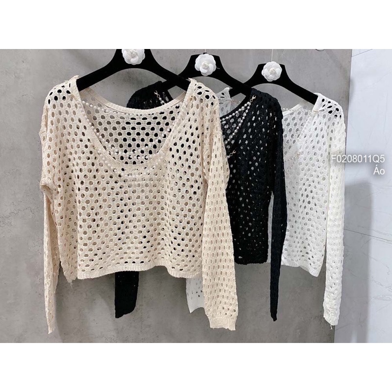 Áo len lưới lỗ dài tay trễ lưng phối xích ngọc chéo TT0208