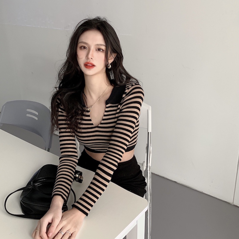 Áo thun polo dệt kim tay dài dáng ôm kẻ sọc thiết kế quyến rũ | BigBuy360 - bigbuy360.vn