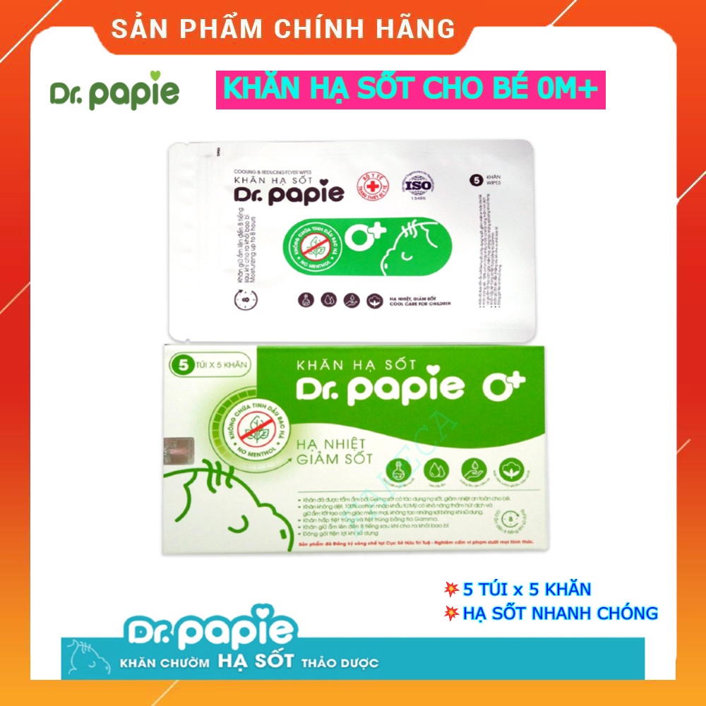 (HoảTốc1h) Khăn lau hạ sốt cho bé Dr.papie 0M+ 3M+ từ thảo dược giúp hạ sốt nhanh cho bé - Khăn hạ s