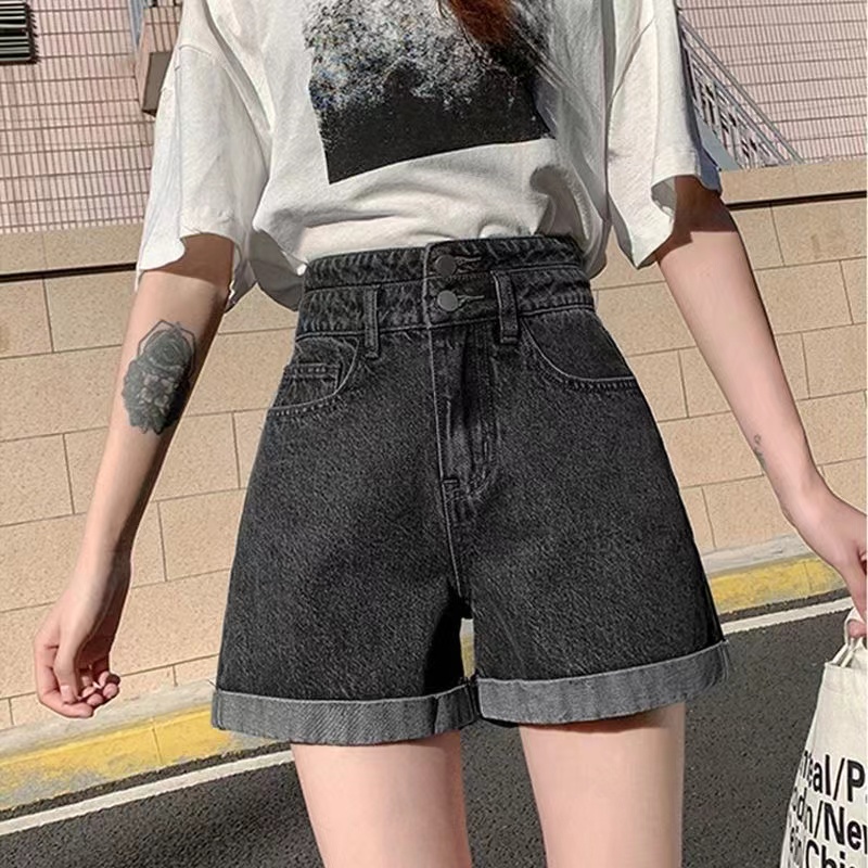 Quần Short Denim Màu Trơn Lưng Cao Dáng Ôm Thời Trang Hàn Quốc Cho Nữ