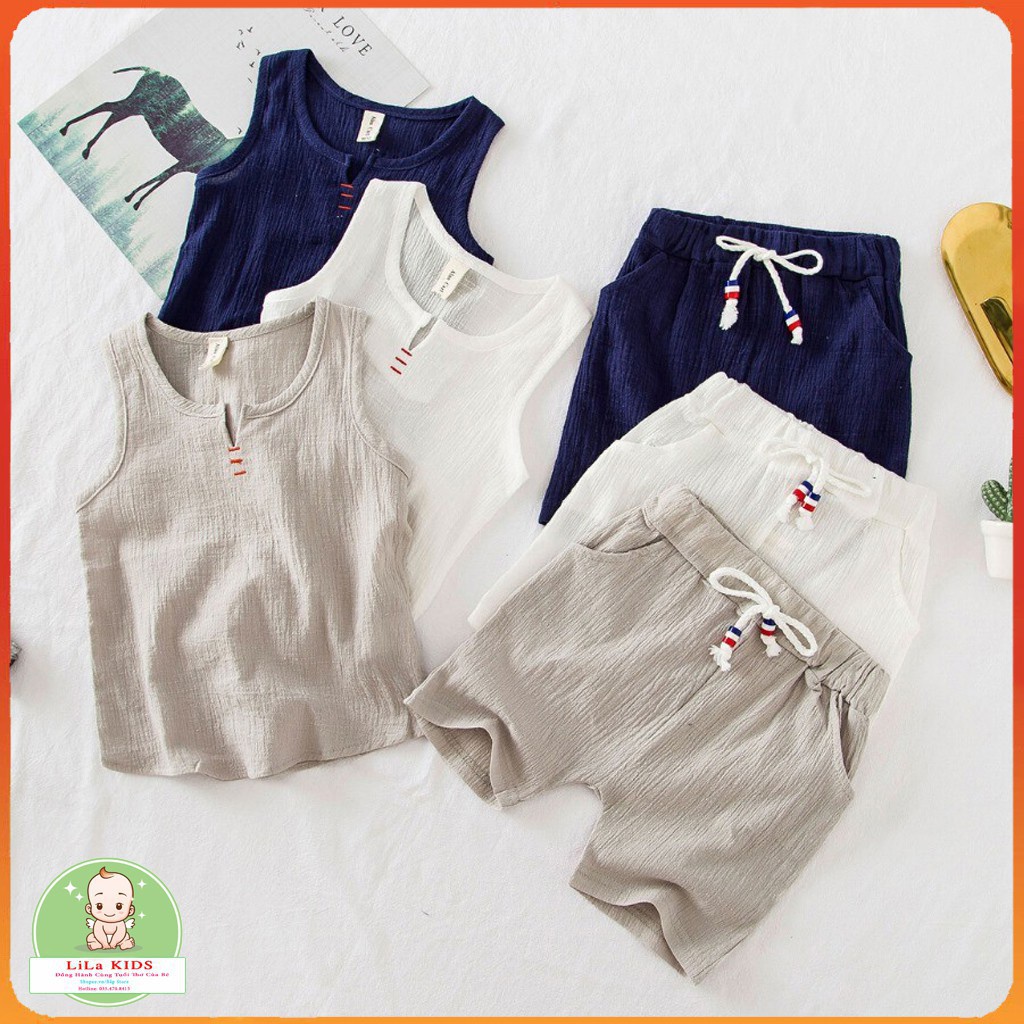 Bộ hè bé trai KANGMIN KIDS, bộ áo ba lỗ bé trai chất đũi nhăn cực mát QATET03, Quần áo trẻ em từ 7-27kg