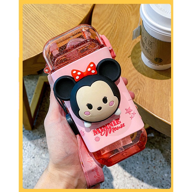 (Hàng Sẳn) Bình Nước chính hãng Disney phiên bản hình nổi 3D, Elsa/Mickey/Donal/Lotso ống hút silicon dẽo, mềm mại.