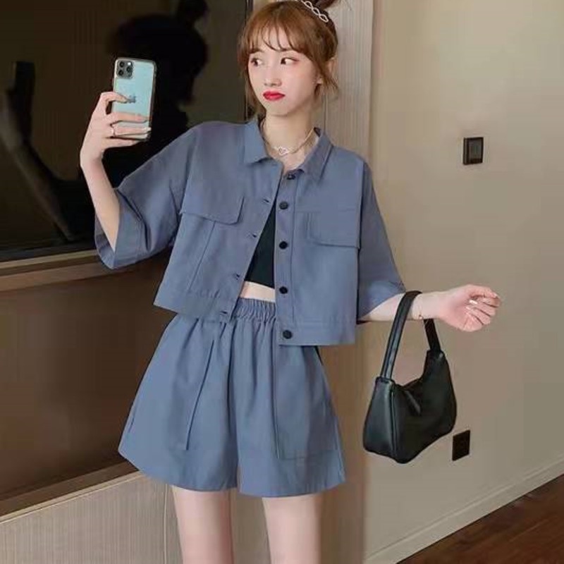 Phiên Bản Hàn Quốc Bộ Đồ Giản Dị 164505 Set Áo Sơ Mi Trơn Tay Ngắn + Quần Short Lưng Cao Dáng Rộng Trẻ Trung Năng Động