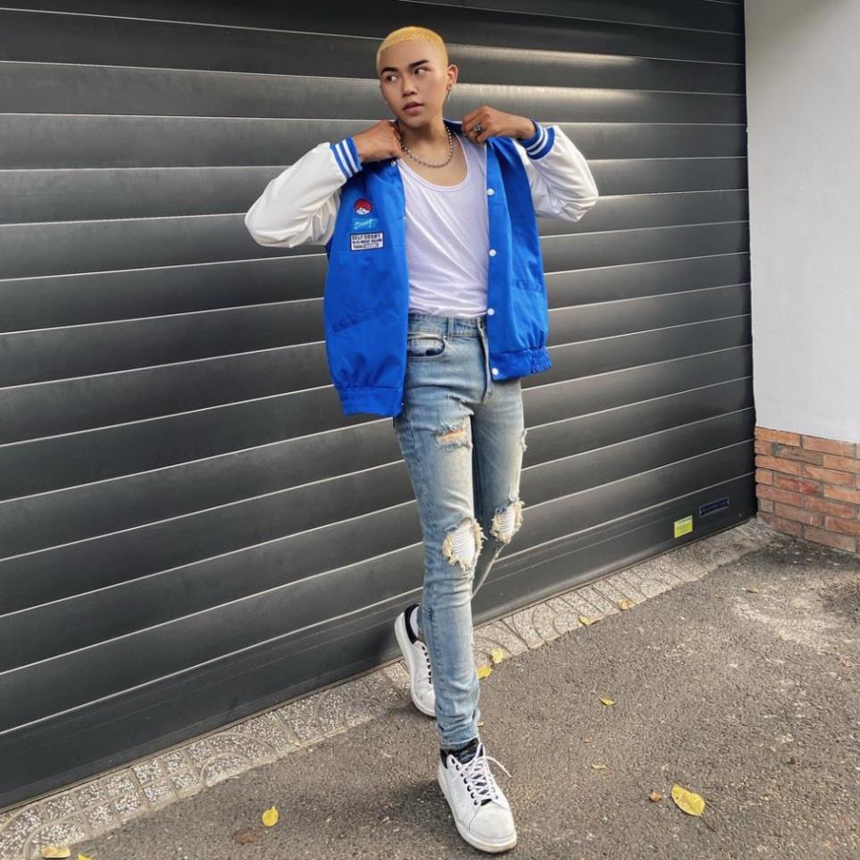 Quần Jeans Nam Streetwear Cao cấp, Quần Jeans Rách Gối Đắp Da Bike Kem, Quần Bò Rách Màu Xanh Vintaget TLB Vietnam ! _