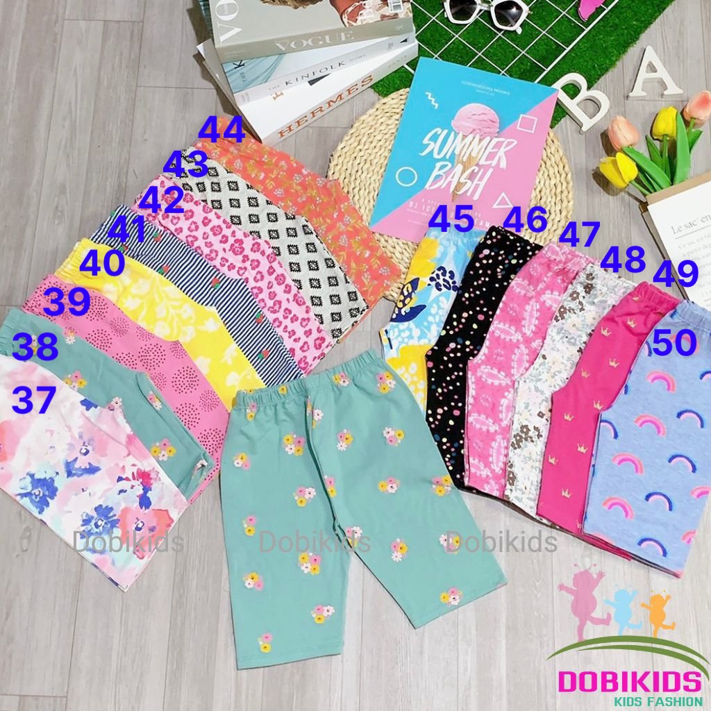 Quần legging lửng bé gái combo 5c cotton xuất co giãn mềm họa tiết xinh xắn (9-41kg)