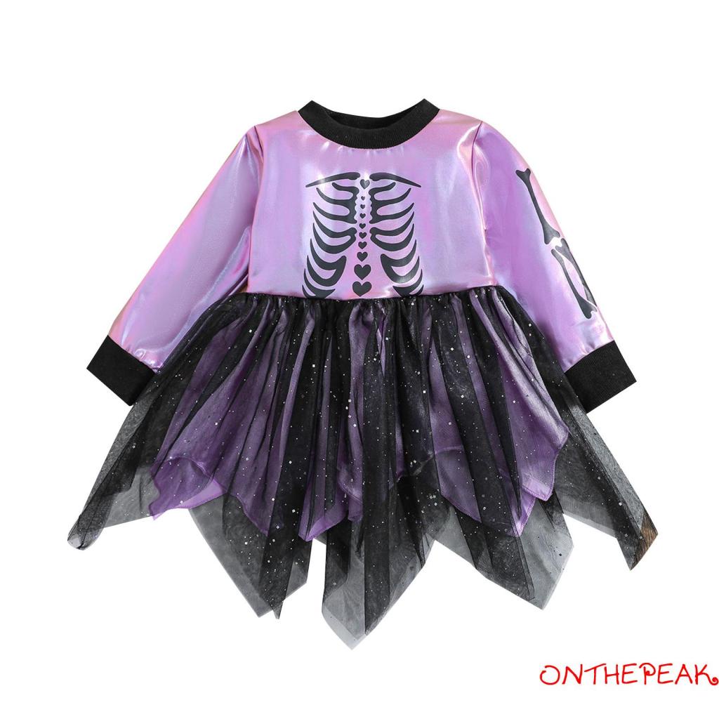 Đầm Dài Tay Họa Tiết Bộ Xương Halloween Cho Bé Gái