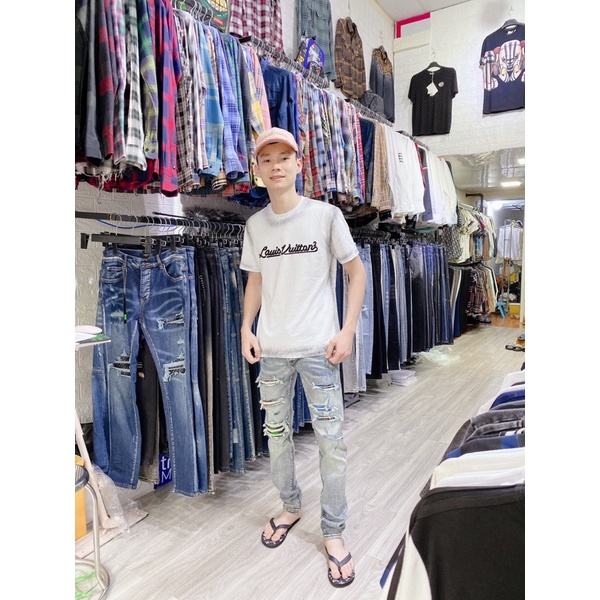 Quần bò nam Amiri rách vá gối siêu chất 7805, jean bò rách gối vá màu vá da sịn S.C