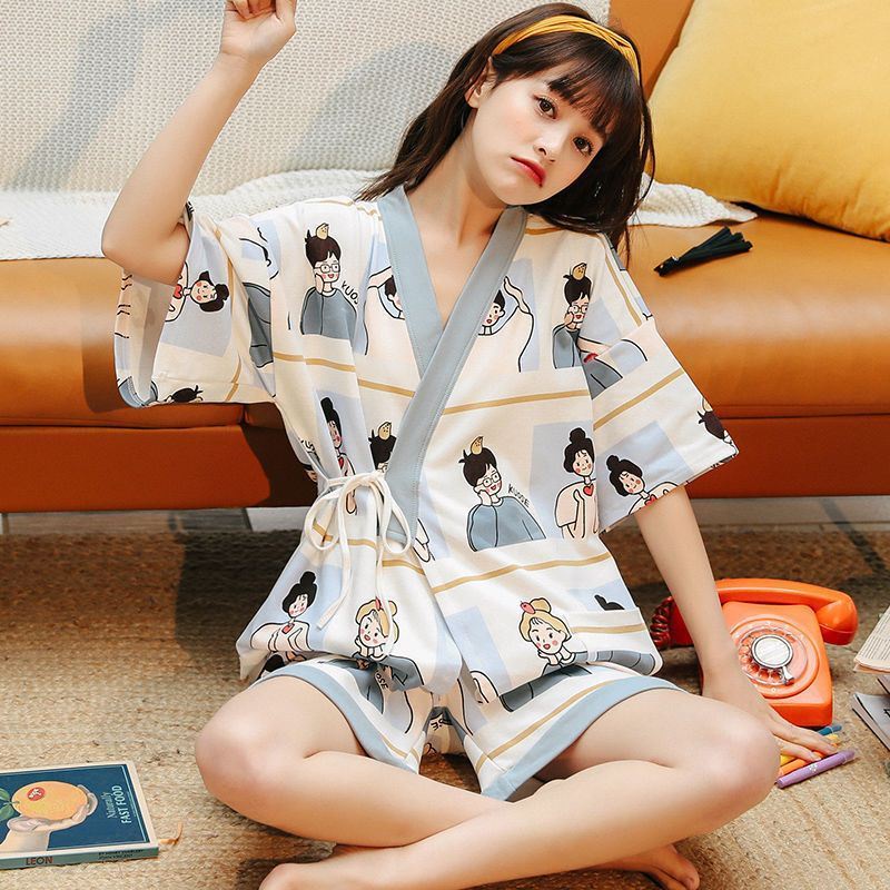 ◆☸SUSQ2 Đồ Ngủ Kimono nữ đẹp mặc nhà phi bóng thắt eo quần lửng ngắn cute Bộ Pijama kiểu Nhật yukata lụa cộc tay buộc dâ